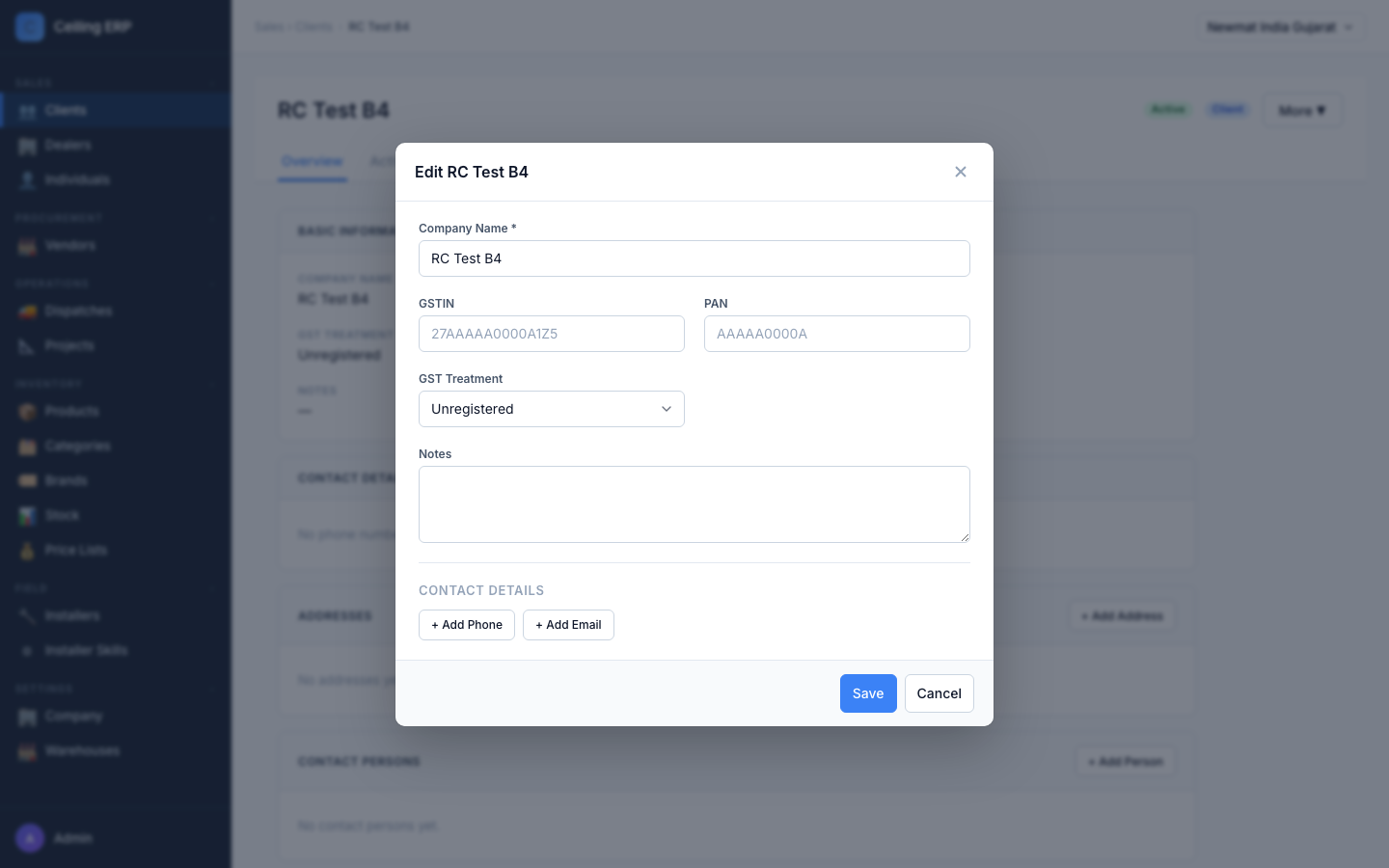 Edit client modal