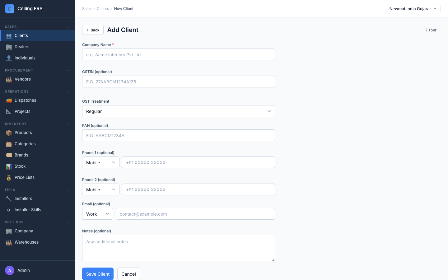 New client modal