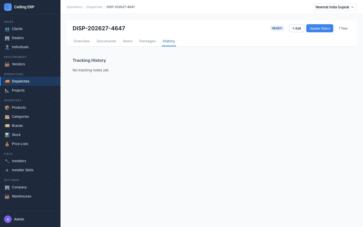 Dispatch history tab