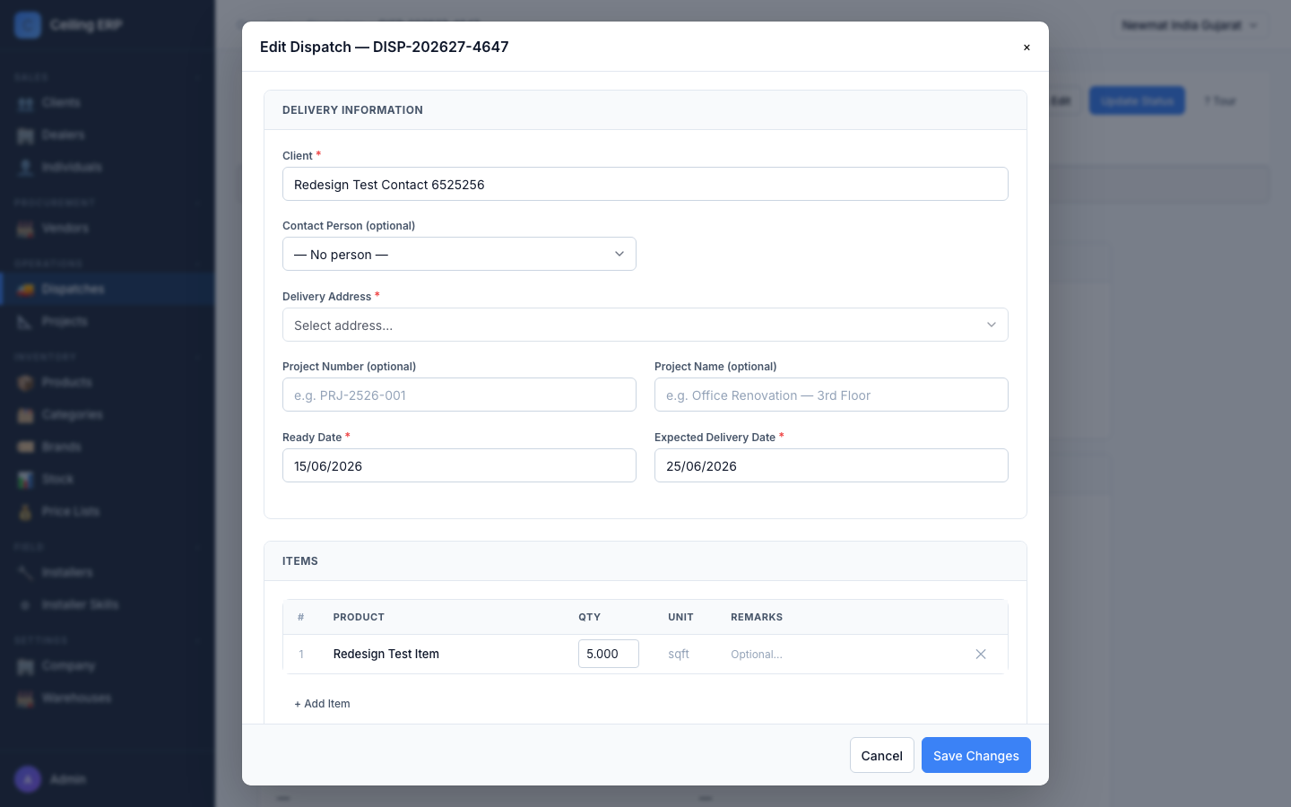 Edit dispatch modal