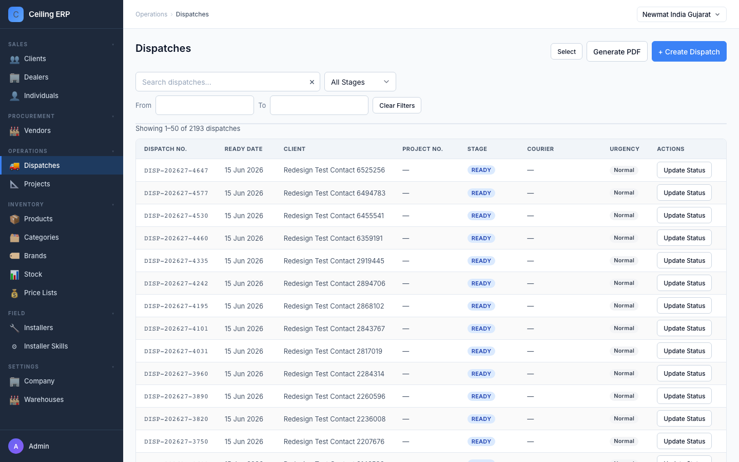 Dispatch list page
