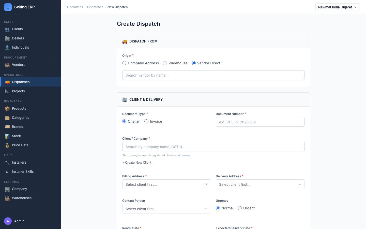 Vendor Direct option selected