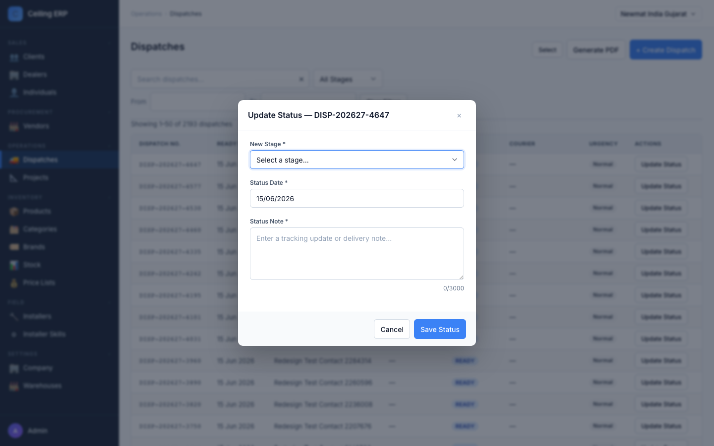 Update Status modal