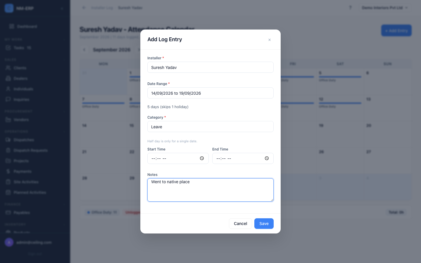 Daily Log entry form with a leave date range and day count