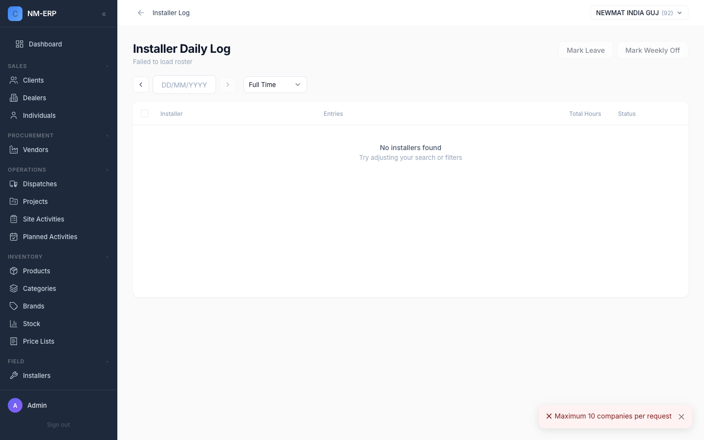 Installer Daily Log page