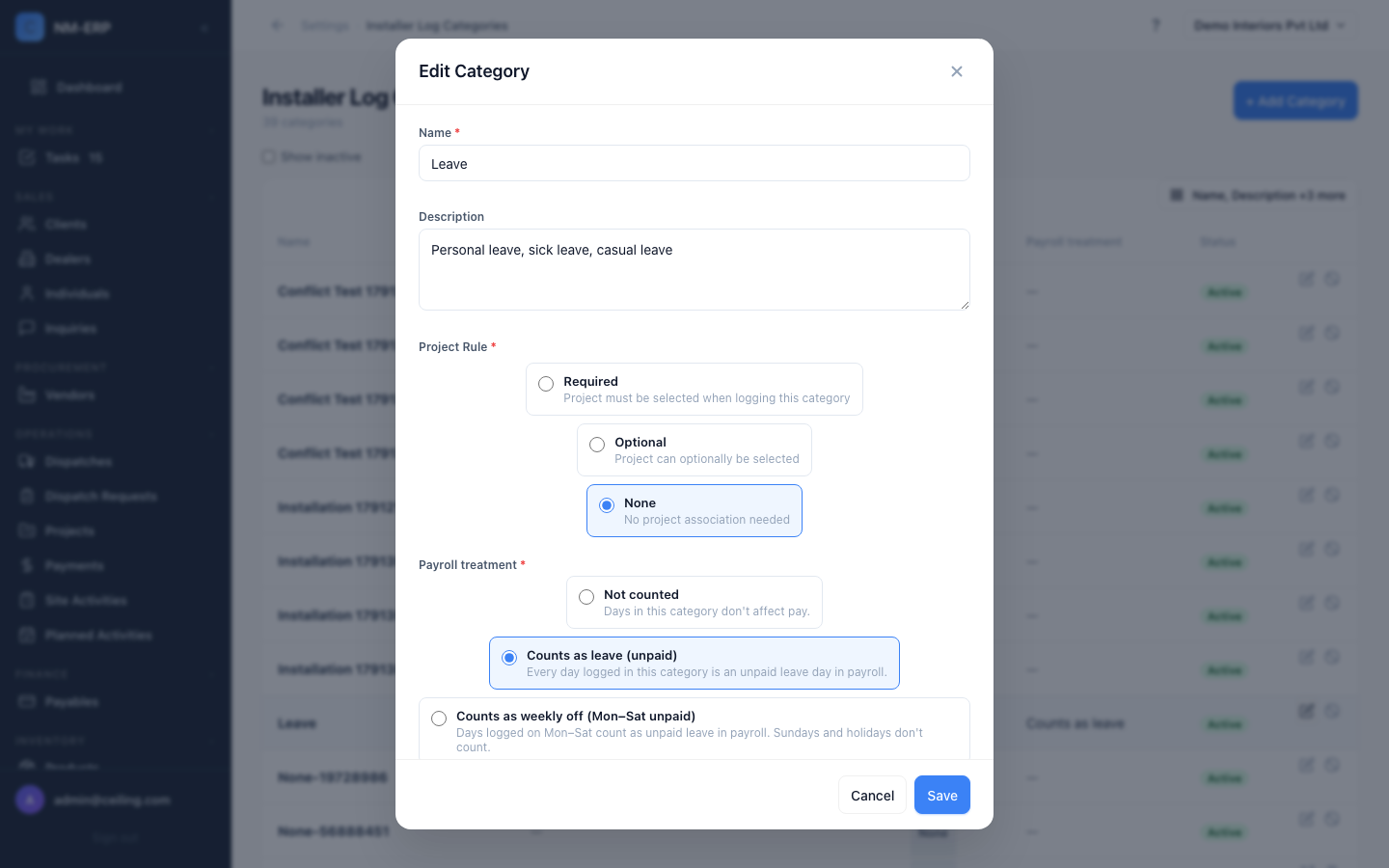 Log category form with Payroll treatment choices