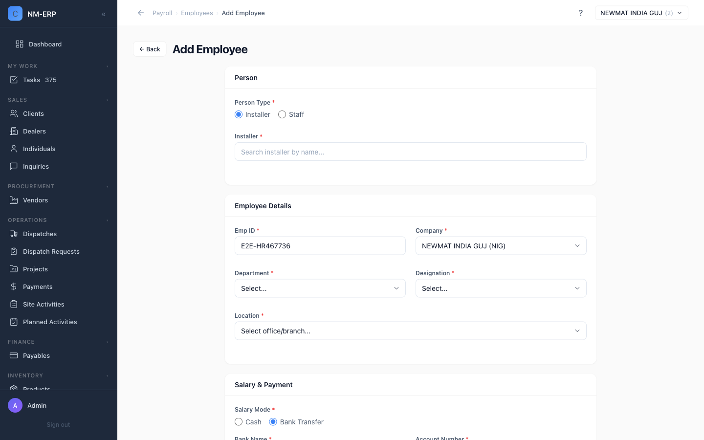 Add/Edit Payroll Employee form