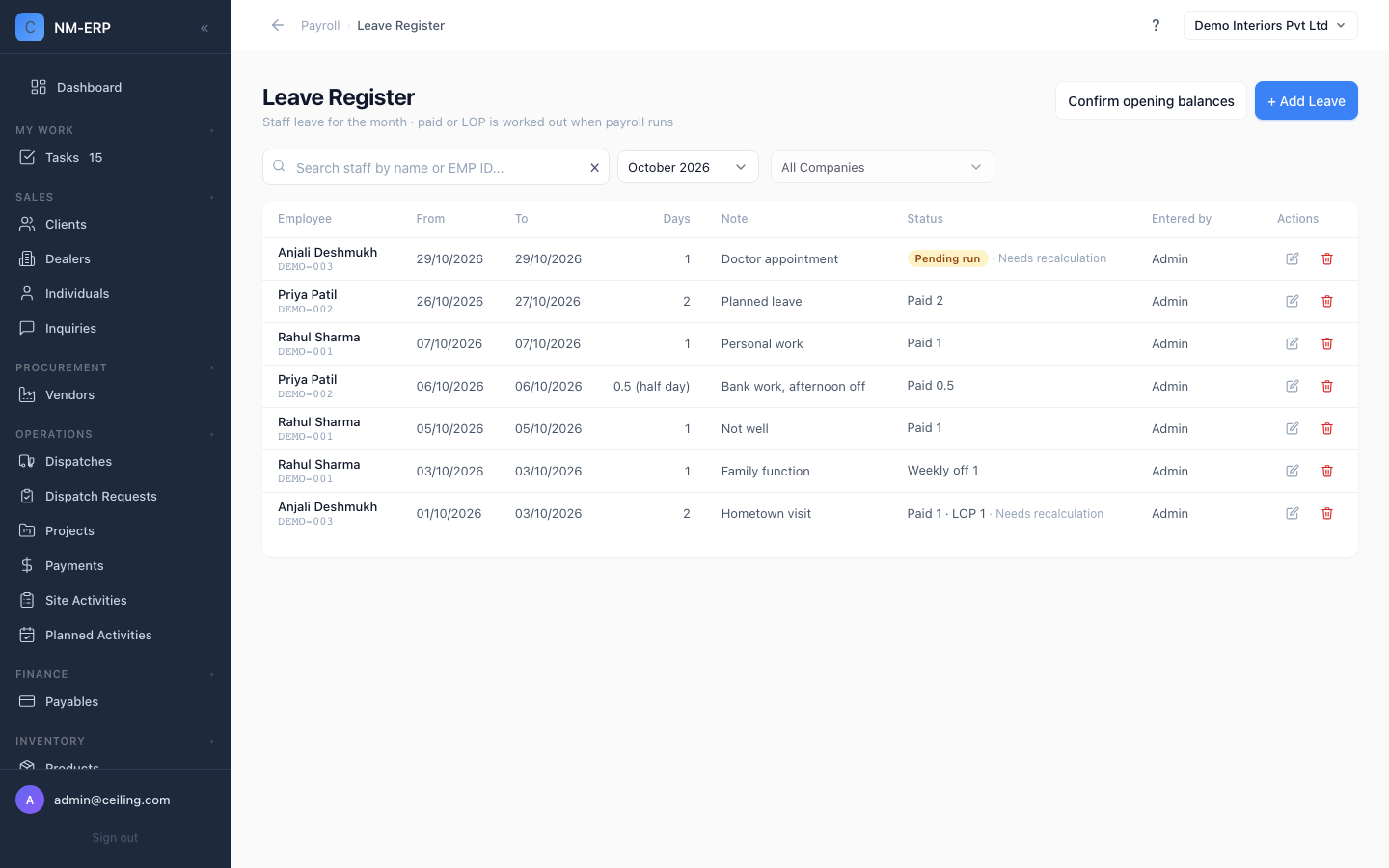 Leave Register list