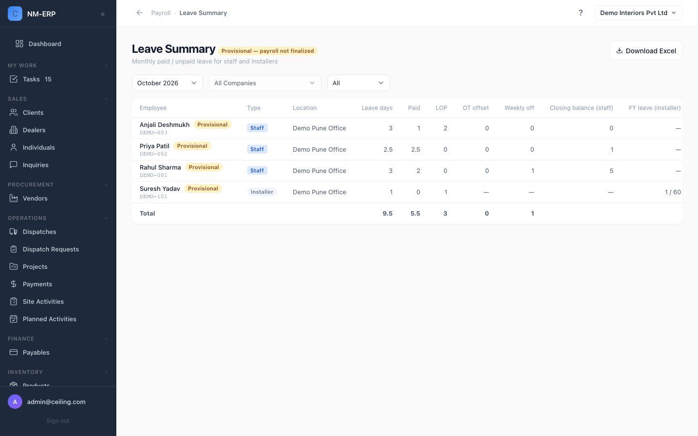 Leave Summary page