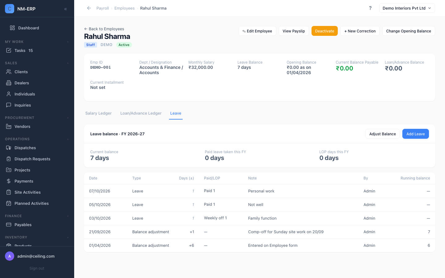 Staff Leave tab on the Employee Ledger