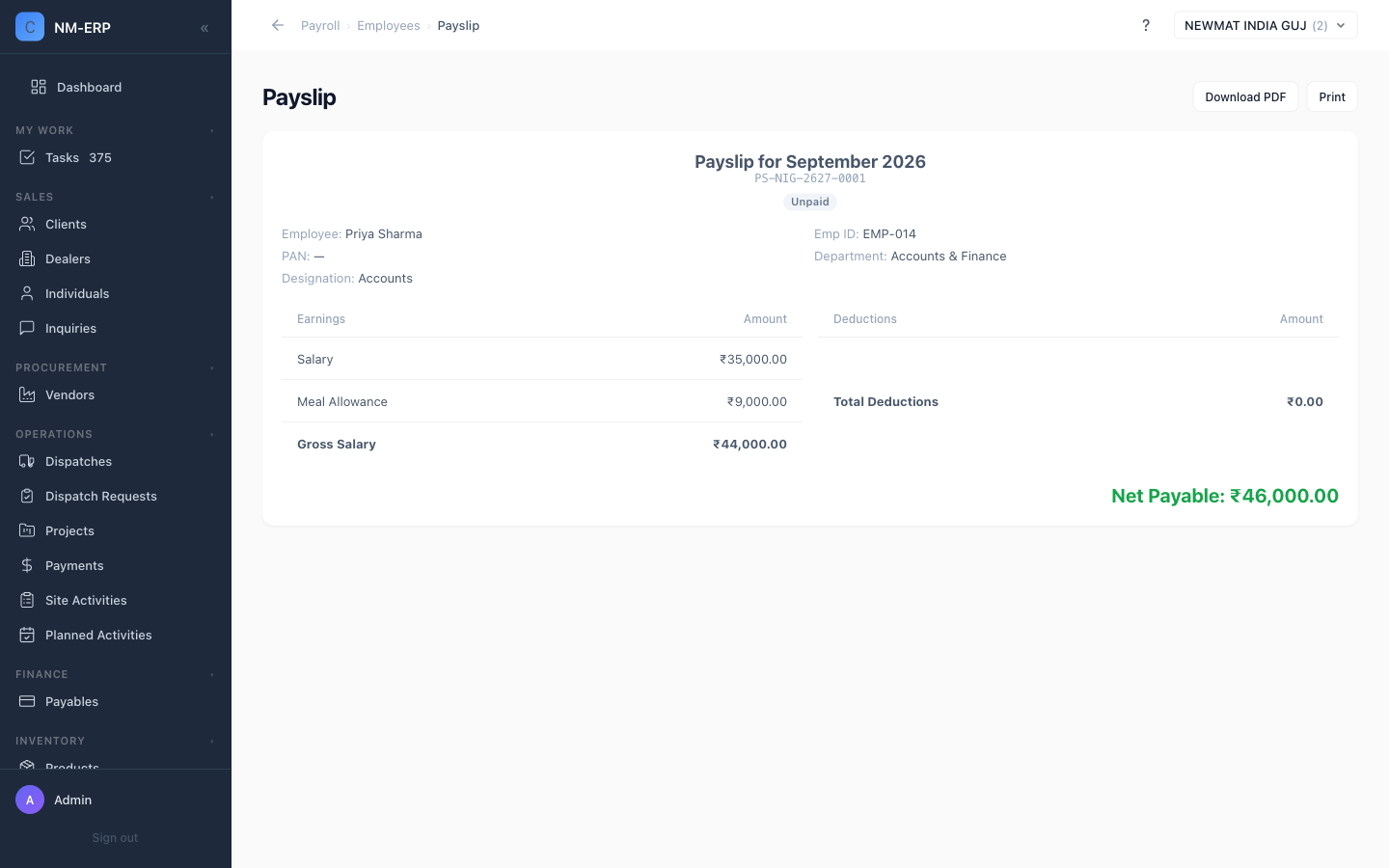 Payslip page