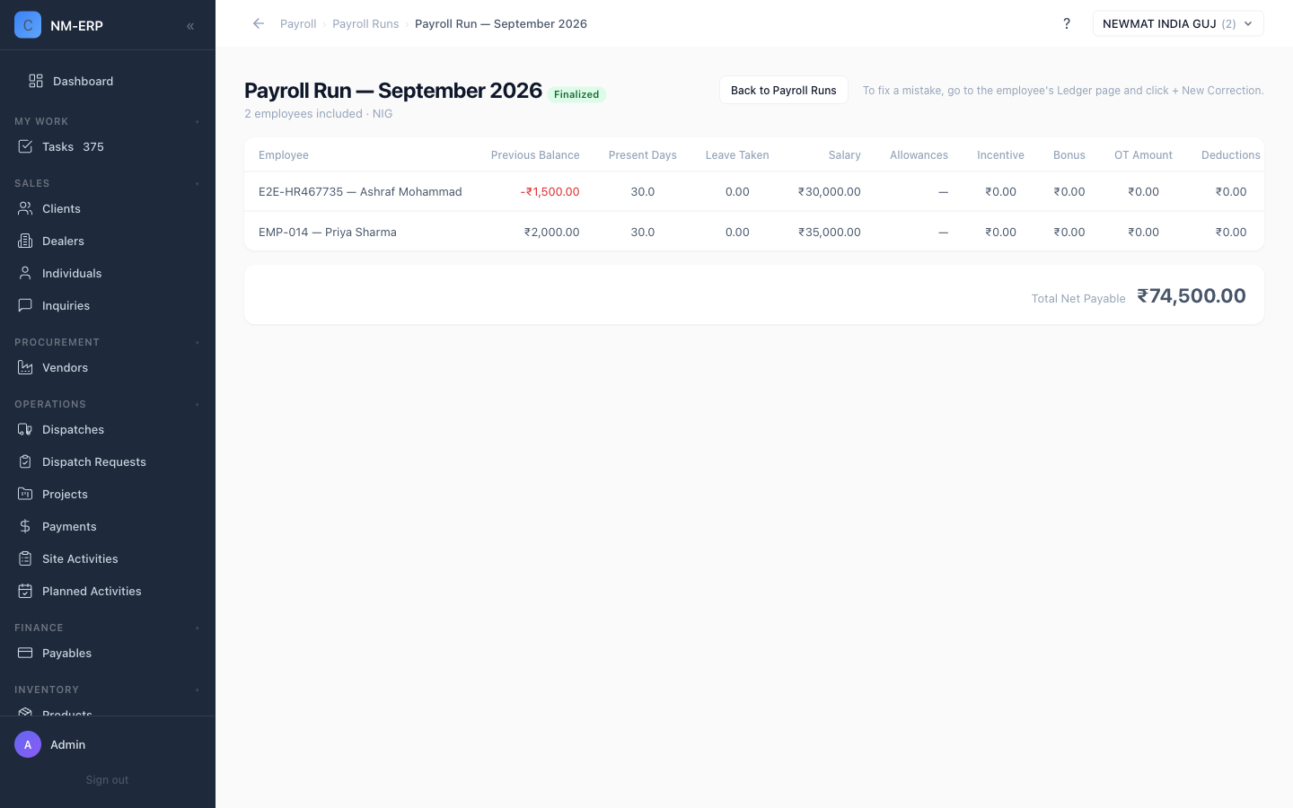 A finalized Payroll Run