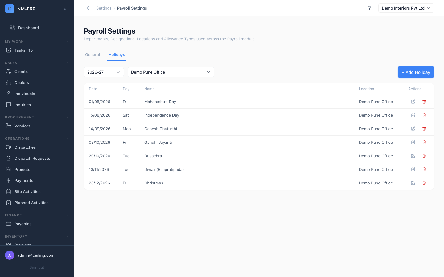 Payroll Settings Holidays tab