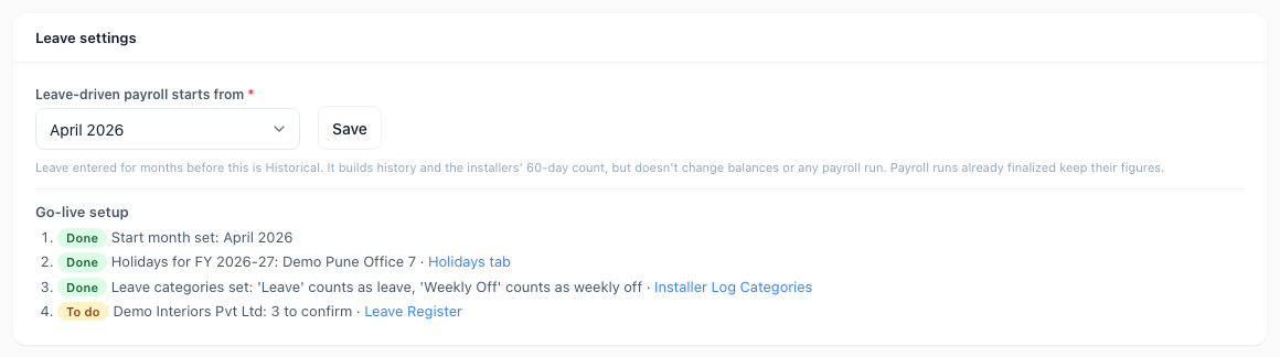 Leave settings card with the go-live setup list