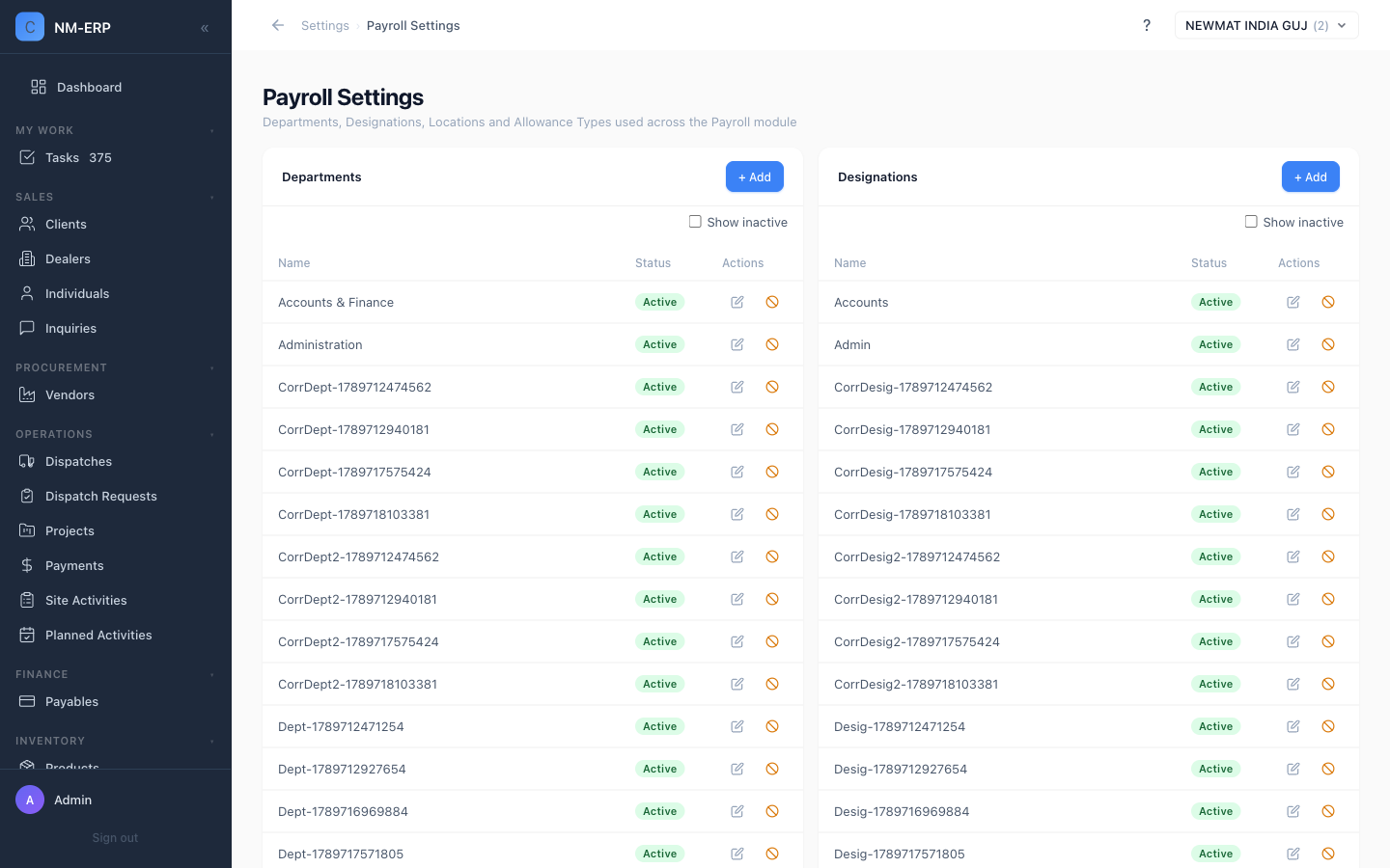 Payroll Settings page