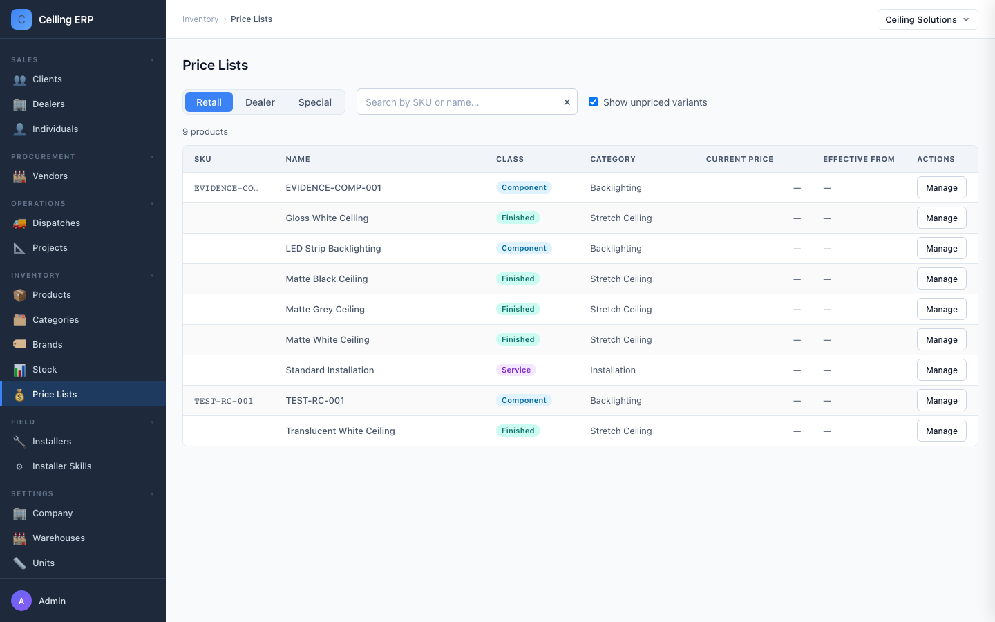 Price Lists page