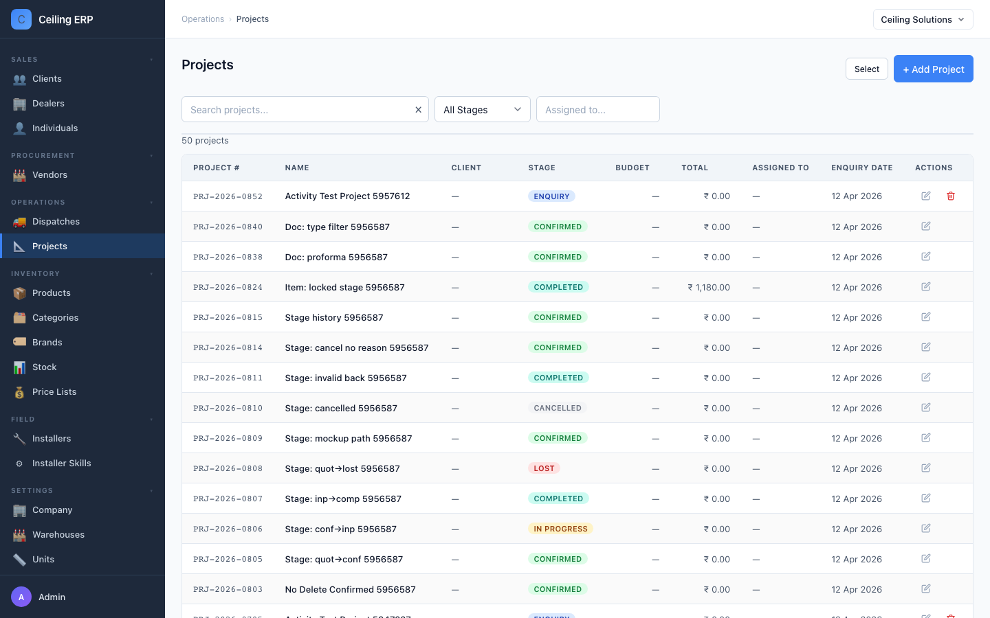 Projects list page