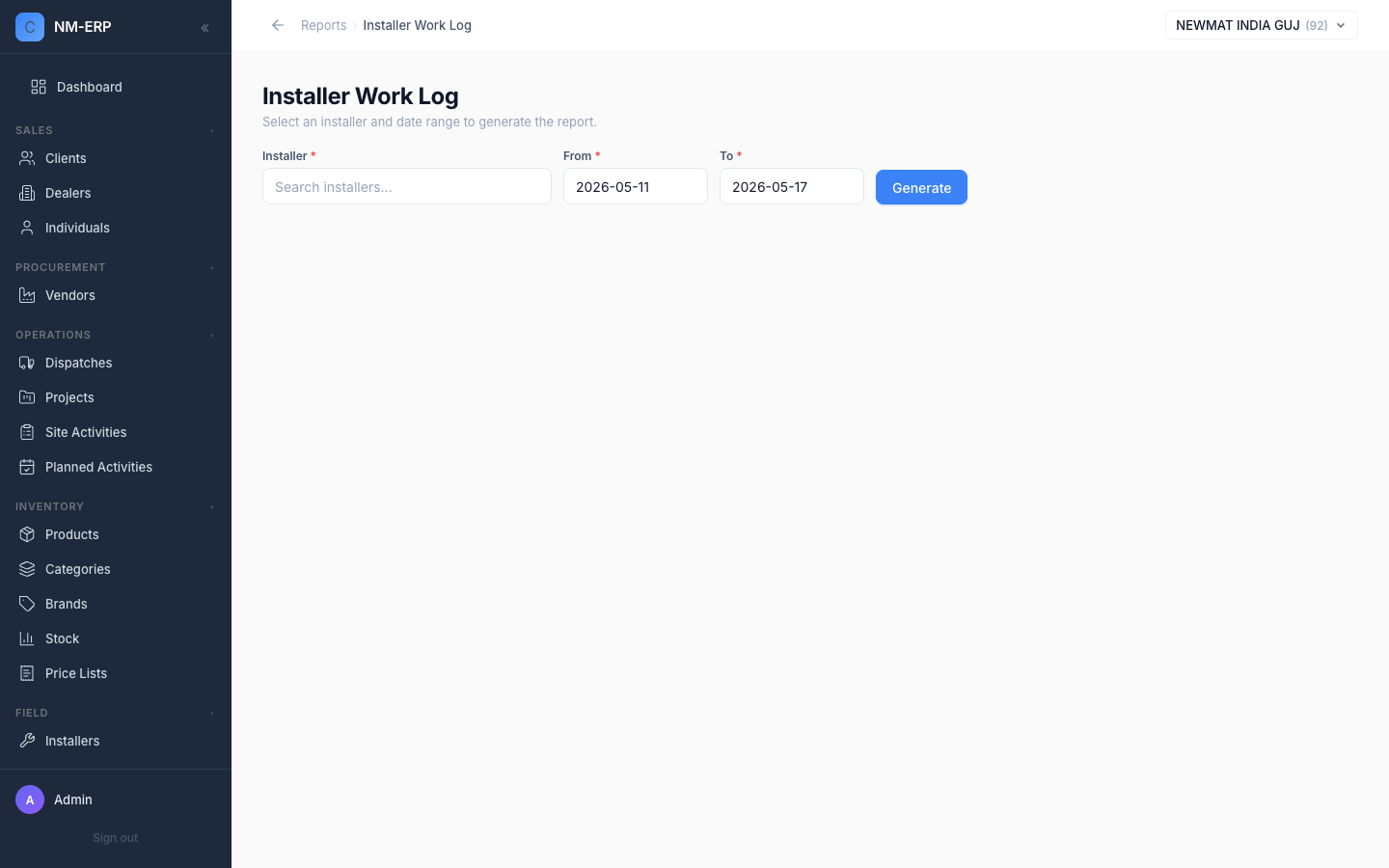 Installer Work Log report