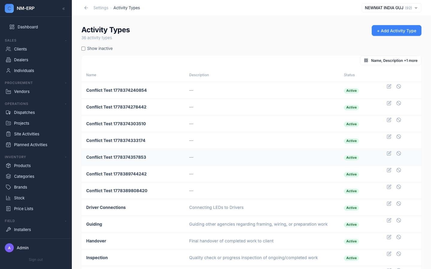 Activity Types settings page