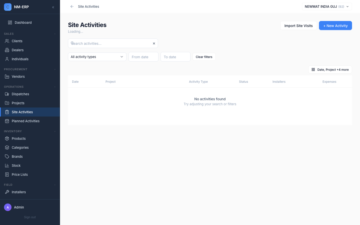 Site Activities list page