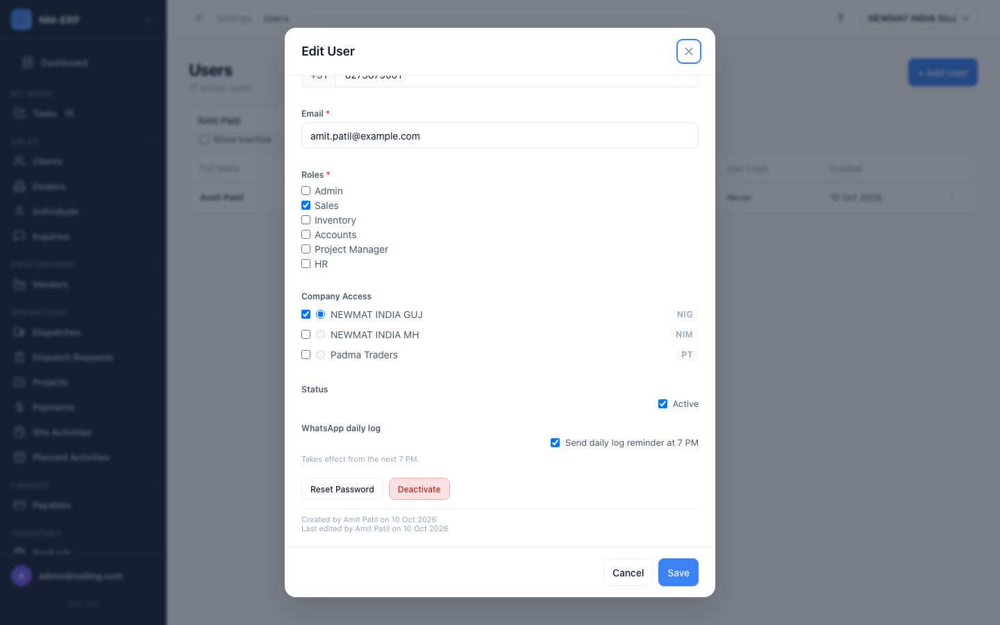Edit User window with the daily log setting