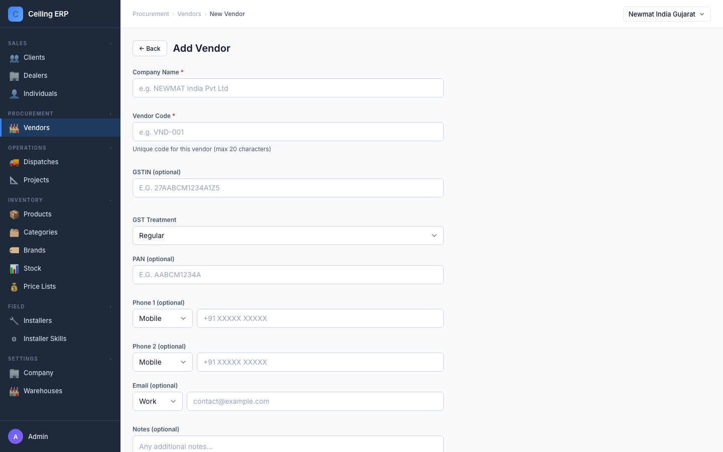 New vendor modal