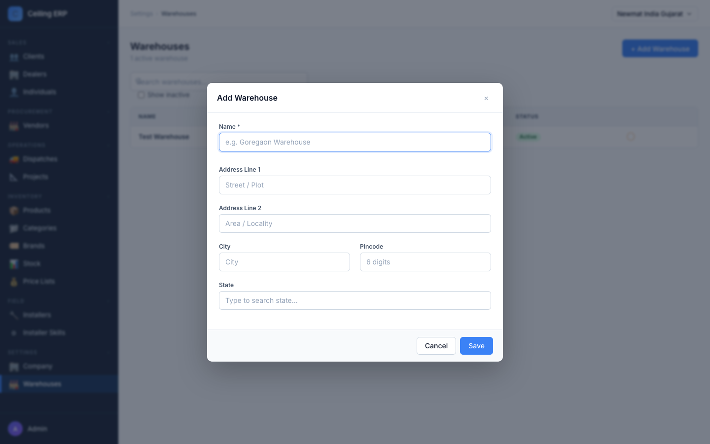 Add warehouse modal